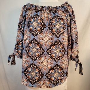 Westport Peasant BLOUSE Womens Size XS Over/Off Shoulder Blues Pinks Floral NWT